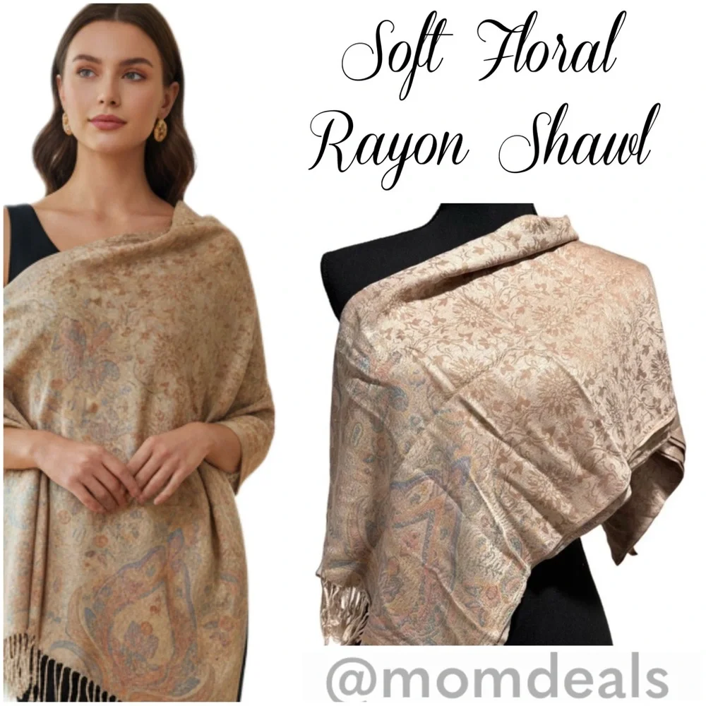 Elegant Shawl in Floral Cream on Cream - Versatile Wrap, Scarf, Veil Soft Rayon